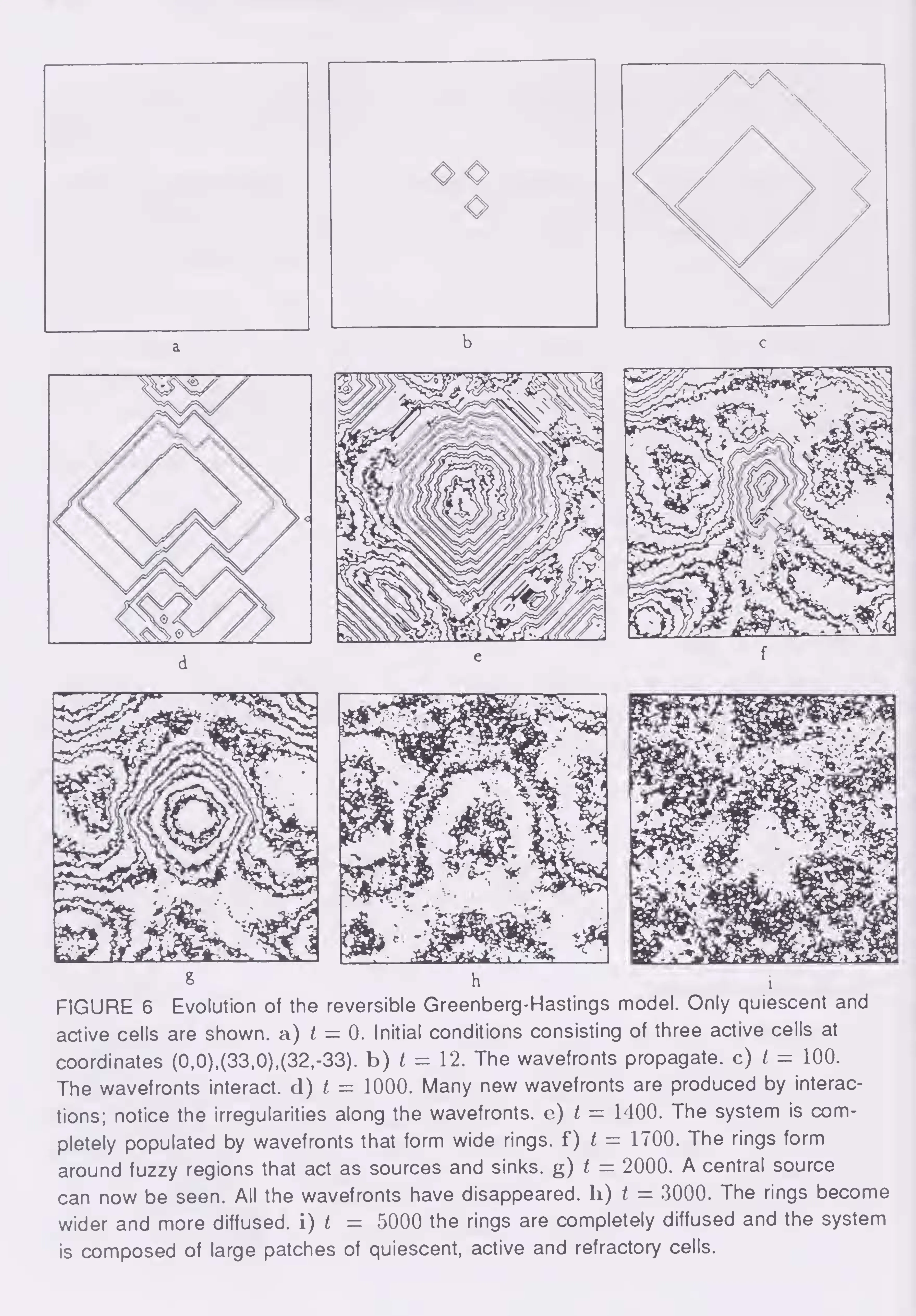 Primary-source scan of Figure 6 from Tamayo and Hartman's ALIFE I chapter, showing the evolution of the reversible Greenberg-Hastings model with the printed caption included.